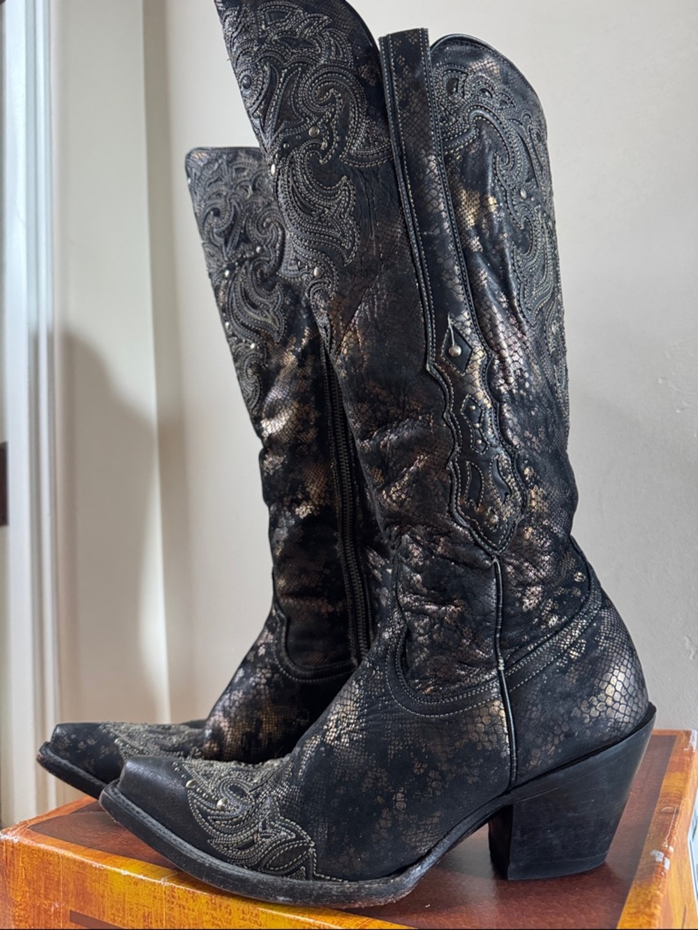 Black Metallic Western Heeled Cowboy Boots - Women's Fashion Boots